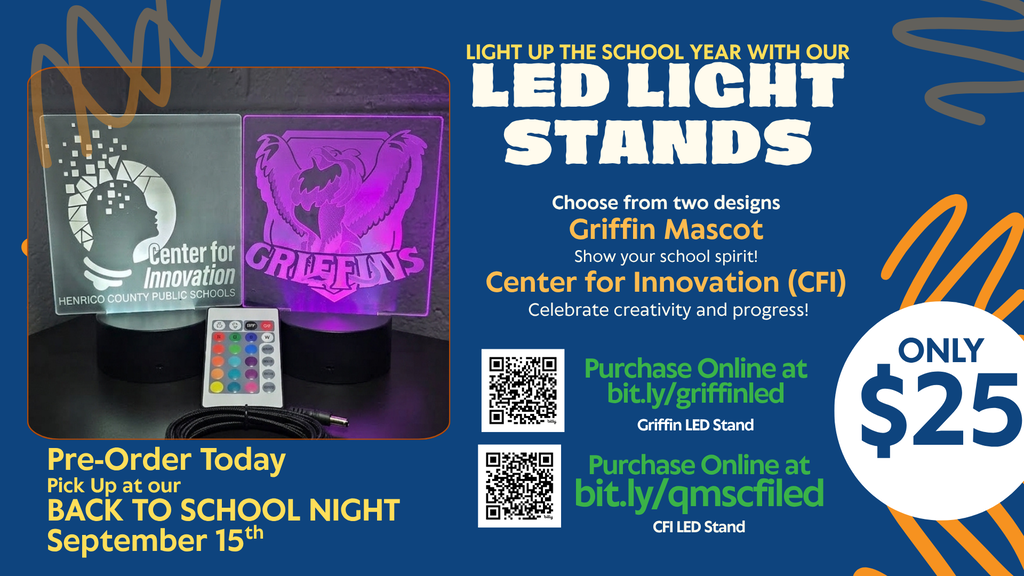 Blue background displaying the Quioccasin Center for Innovation and the Quioccasin Griffin Mascot. Bitly links mentioned in post. Show your school Spirit and celebrate creativity and progress.
