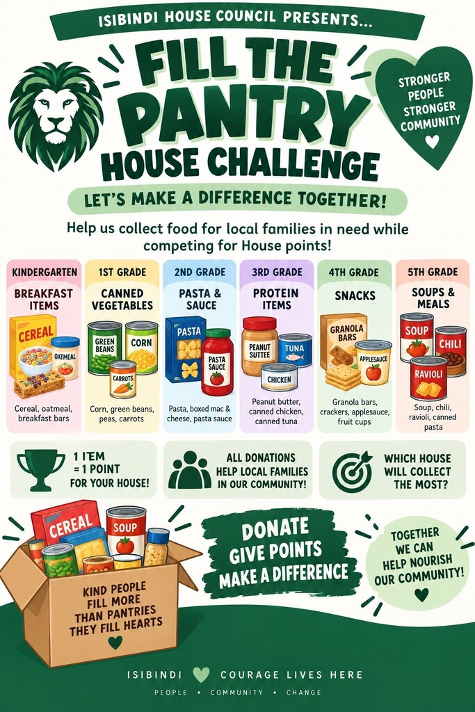 🏠🥫 FILL THE PANTRY HOUSE CHALLENGE! 🥫🏠 It’s time for a little friendly House competition while giving back to our community! ❤️💚💙🖤 Each grade level has been assigned a different type of food item to donate. Send in your grade level’s assigned items and help us FILL THE PANTRY for local families in need! 🏆 The House that collects the MOST donations will earn 10 HOUSE POINTS! Every donation makes a difference, so let’s see which House can come together, give back, and fill those shelves! Check out the flyer for your grade level’s assigned items. Donate • Give Back • Make a Difference! 🥫❤️