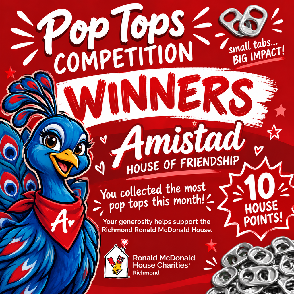 Our September Pop Top Competition Winners are Amistad! A huge shoutout to all of our cardinals who saved, collected, and turned in their pop tops to support Ronald McDonald House! Amistad earned 10 house points! Let's keep this momentum going, Cardinals!