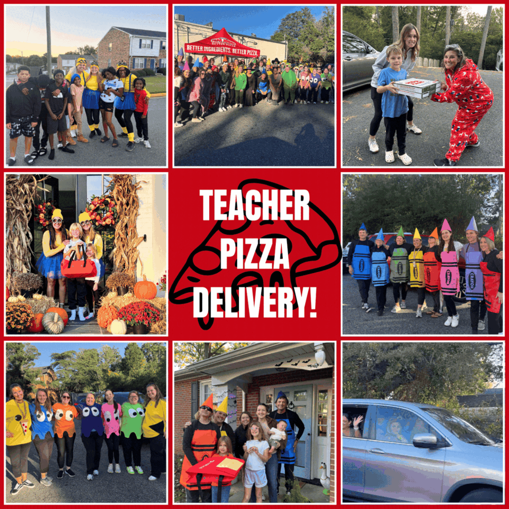 a collage of pictures from maybeury teacher pizza delivery night