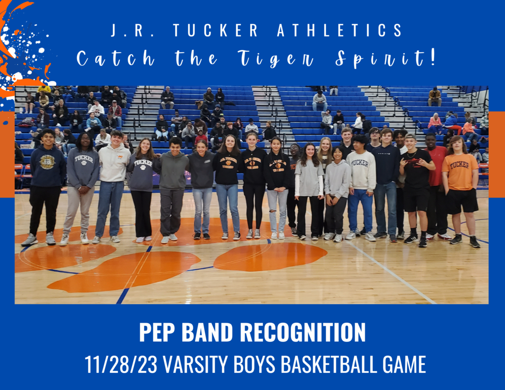 Pep Band Recognition; 11/28/23 Varsity Boys Basketball Game; Students pictured on center court