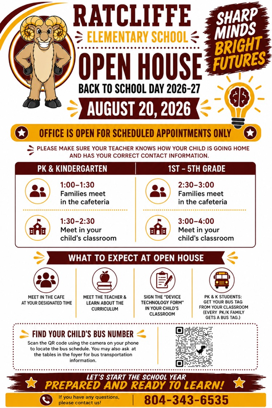 Ratcliffe Back to School Open House on Thursday, August 20th 1:00pm-4:00pm.