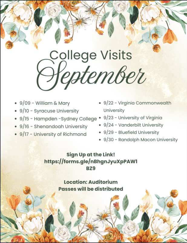 Flyer titled "College Visits - September" listing visit dates for 10 universities, an Auditorium location, and a sign-up link.