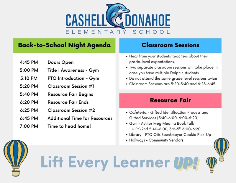 Grey background. Cashell Donahoe Elementary School in blue at the top with a Dolphin. Hot air balloons with "Life Every Learner Up!"