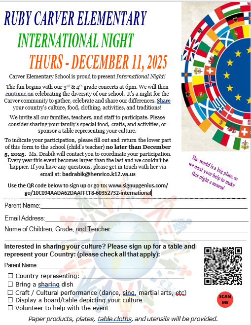Flyer with international night details and a QR code to sign up