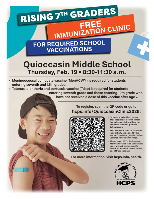Quioccasin Middle vaccination clinic Thursday Feb. 19, 8:30-11:30 a.m.