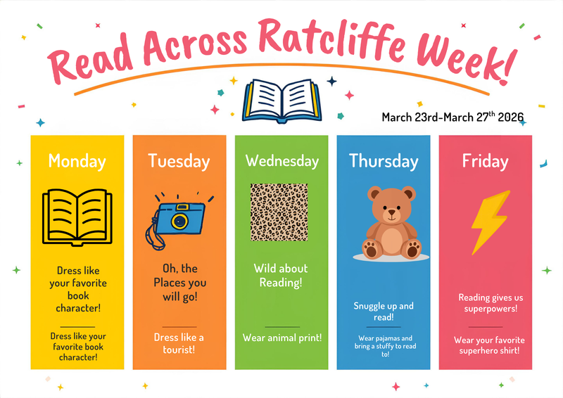 Read Across Ratcliffe Flier with details about each spirit day
