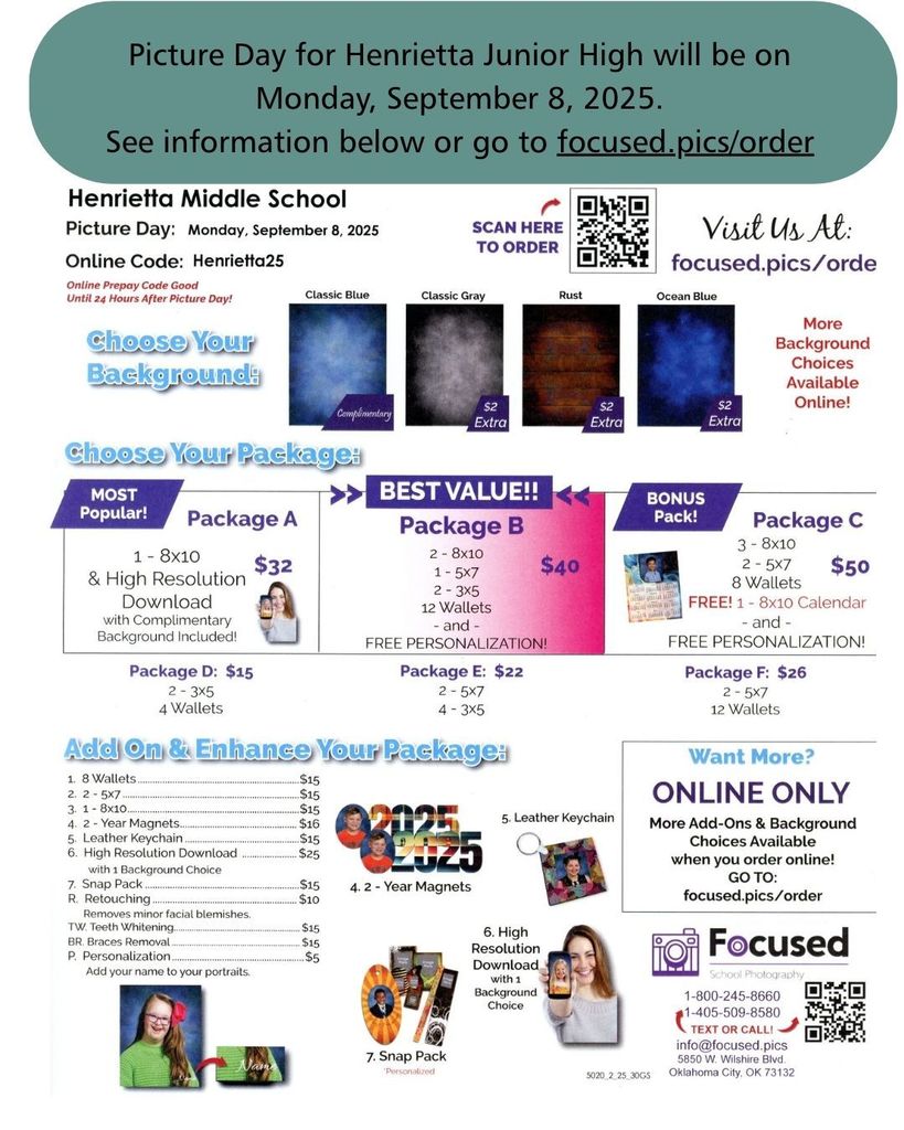 Picture Day at Henrietta Junior High on Monday, September 8, 2025!