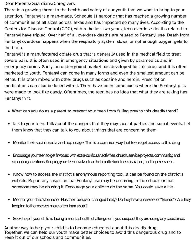 Fentanyl Awareness Letter