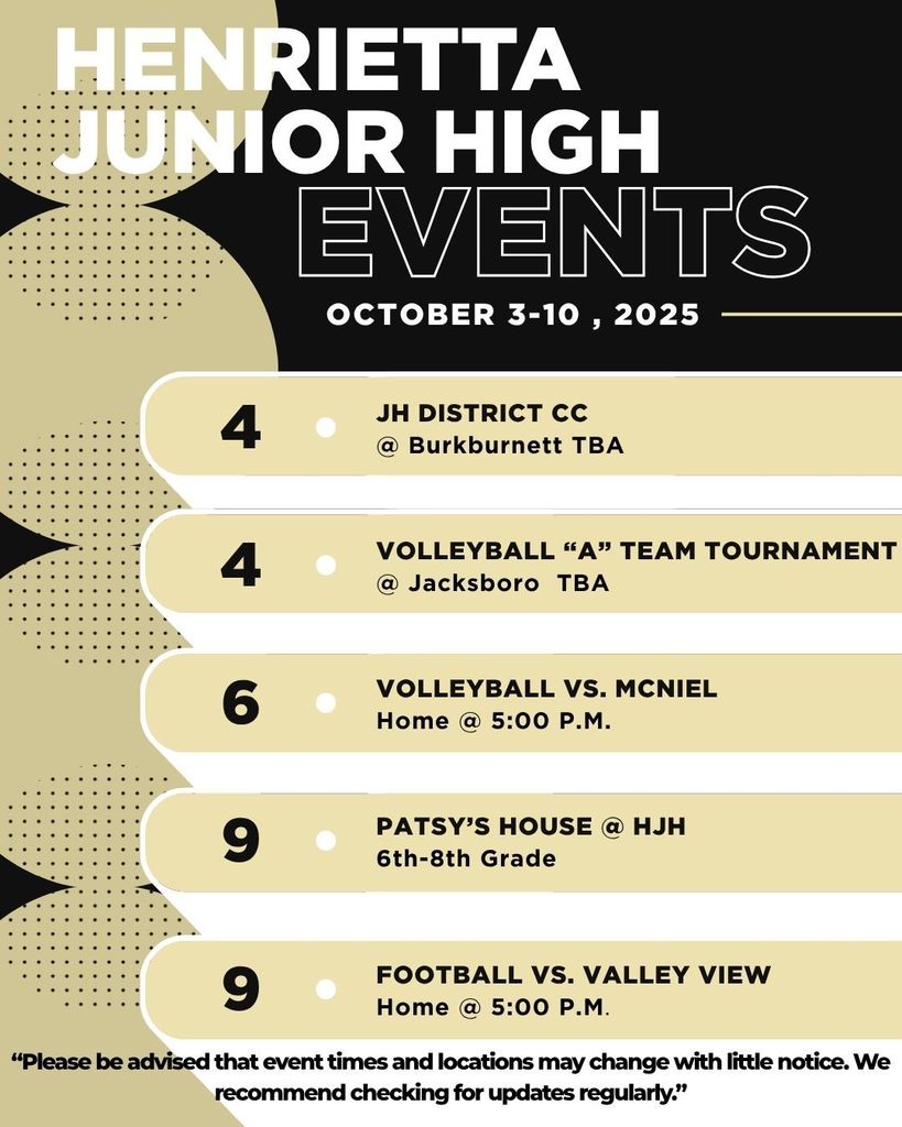 Events Listing for HJH from October 4-10, 2025