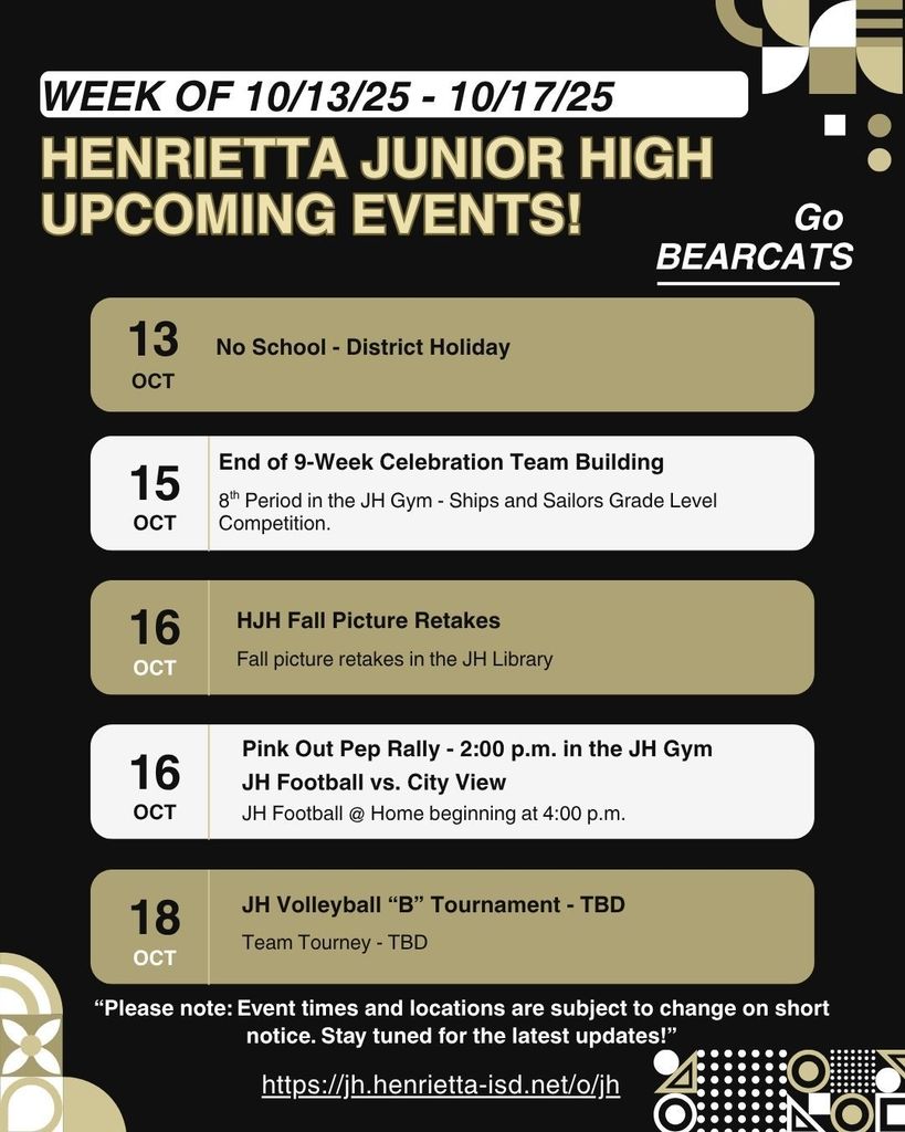 HJH Weekly Calendar of Events Updated!