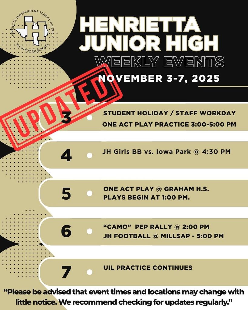 Updated calendar of events for the week beginning 110325. 