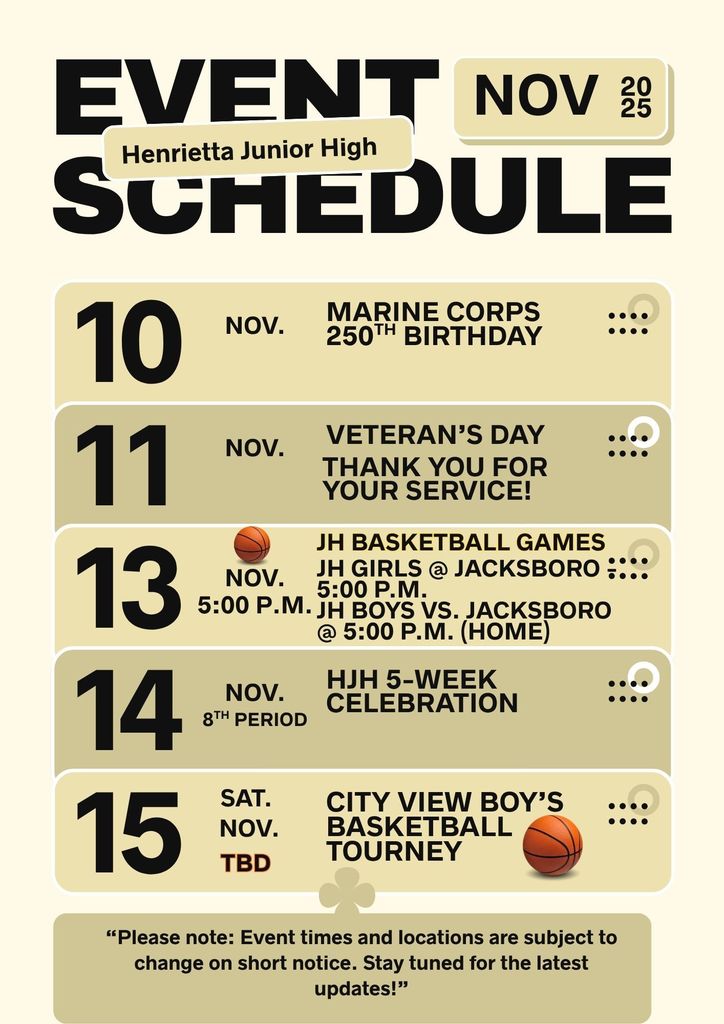 HJH Event Calendar for 11-10-2025 to 11-15-2025.