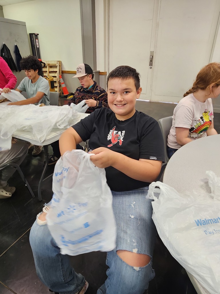 Students putting boxes and double sacks together for the food bank
