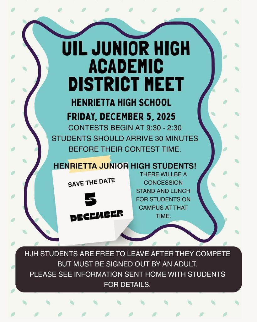 UIL District Junior High Academic Contest on December 5, 2025 at HHS.