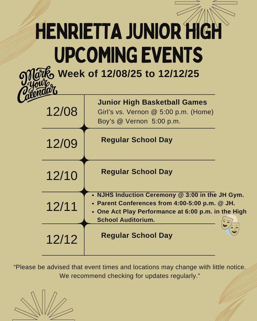 HJH Events for the Week of 12/08/25 to 12/12/25.