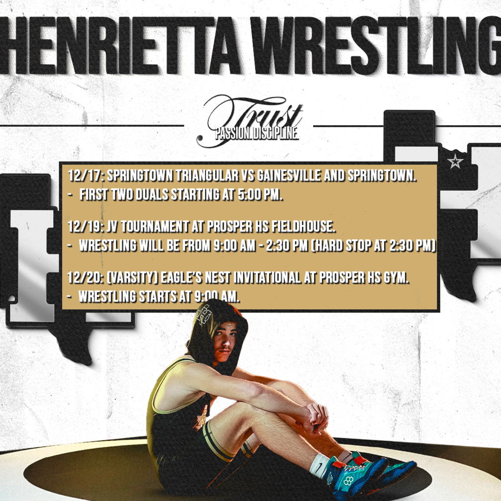 🤼‍♂️ WRESTLING WEEK AHEAD 🤼‍♂️ Get ready for a big few days on the mat! Here’s what’s coming up:  📅 12/17 – Springtown Triangular 🆚 Gainesville & Springtown ⏰ First two duals begin at 5:00 PM  📅 12/19 – JV Tournament 📍 Prosper HS Fieldhouse ⏰ Wrestling 9:00 AM – 2:30 PM (hard stop at 2:30)  📅 12/20 – Eagle’s Nest Invitational 📍 Prosper HS Gym ⏰ Wrestling starts at 9:00 AM 👨‍👩‍👧‍👦 PARENTS: Designated concession area with plenty of space to eat. Water only allowed.  Let’s bring the energy and finish the week strong!