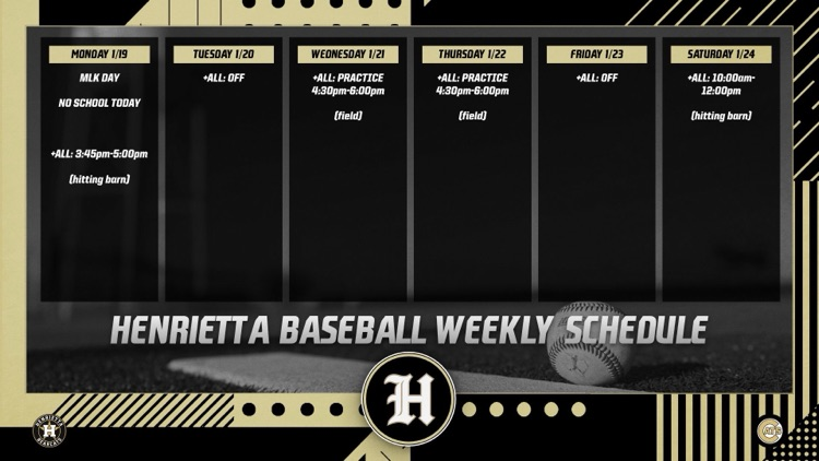 Henrietta Baseball – Weekly Schedule ⚾️ Please review the schedule for this week. Practices and workouts are listed by day and location. Let’s have a great week‼️ #TPD
