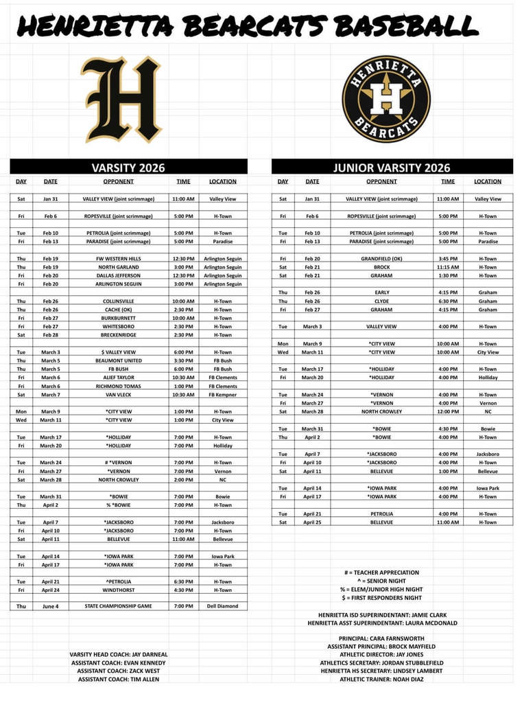 🔥 2026 HENRIETTA BEARCATS VARSITY BASEBALL 🔥  The road is set. The standard is the standard.  From scrimmages to district battles, this spring is loaded with opportunities to compete, defend H-Town, and chase something special. Home crowds, long road trips, rivalry nights, senior night, and playoff-level preparation from Day 1.  - Home games in BLACK - Road games in GOLD - Tournaments & scrimmages mixed in  Bearcat Nation—lock in your calendars and pack the stands. Trust. Passion. Discipline. #267 #TPD