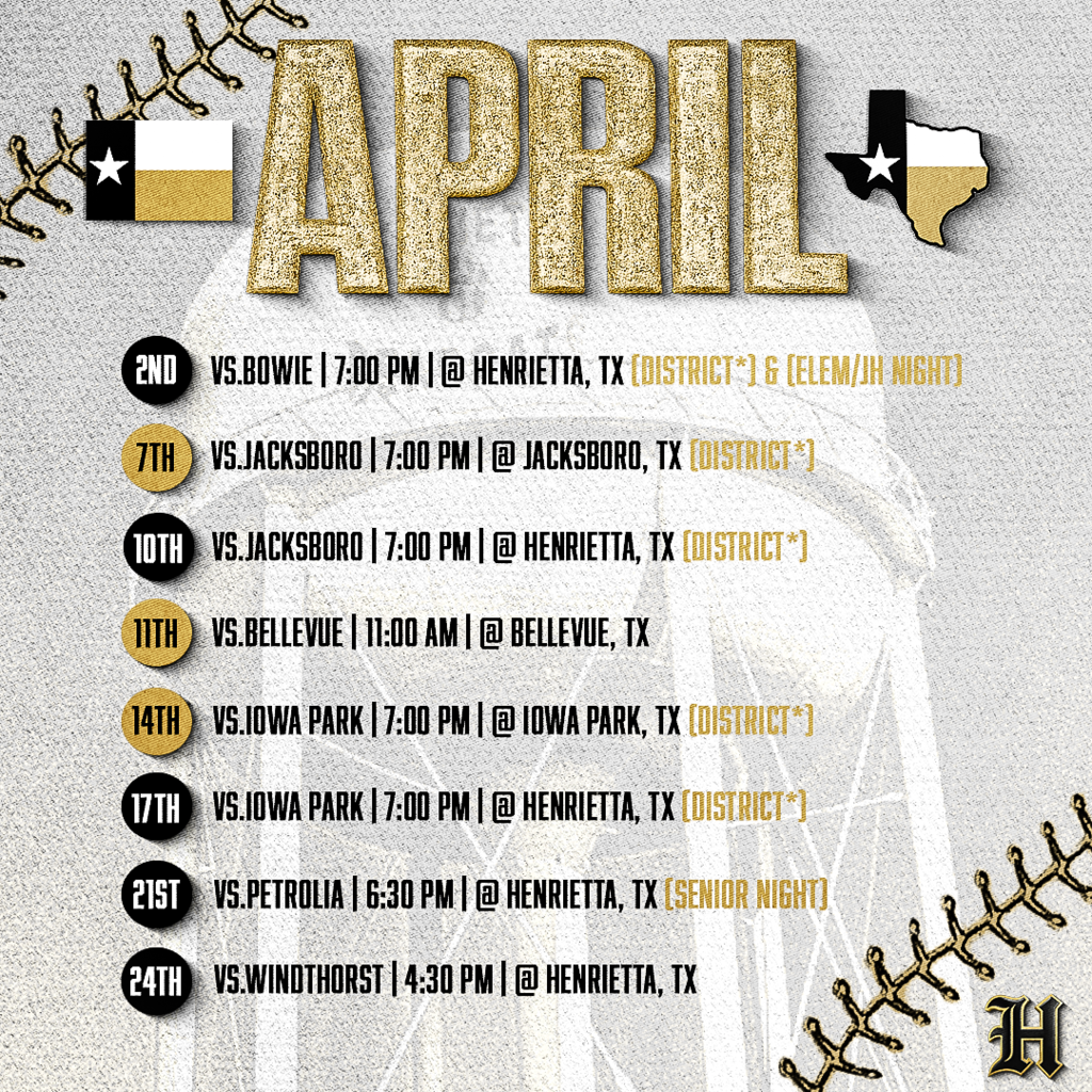🔥 2026 HENRIETTA BEARCATS VARSITY BASEBALL 🔥 The road is set. The standard is the standard. From scrimmages to district battles, this spring is loaded with opportunities to compete, defend H-Town, and chase something special. Home crowds, long road trips, rivalry nights, senior night, and playoff-level preparation from Day 1. - Home games in BLACK - Road games in GOLD - Tournaments & scrimmages mixed in Bearcat Nation—lock in your calendars and pack the stands. Trust. Passion. Discipline. #267 #TPD