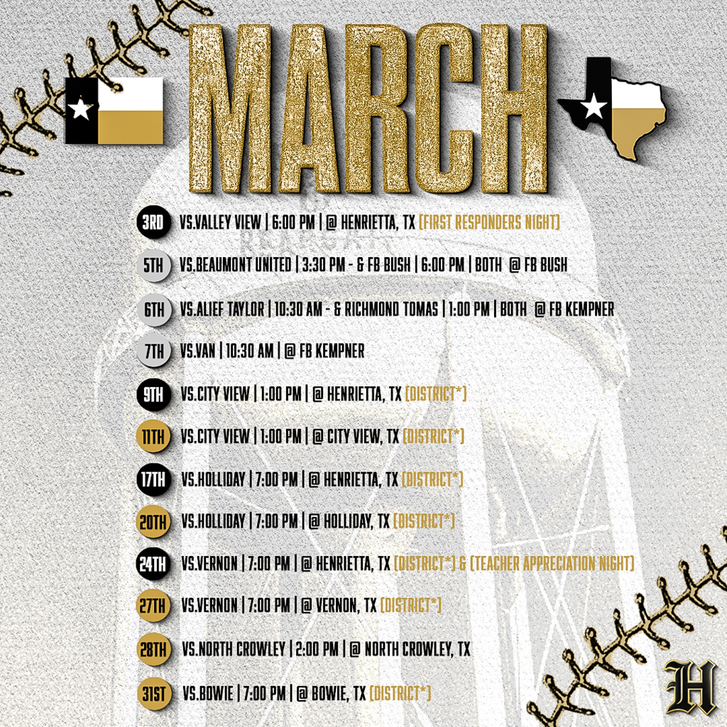 🔥 2026 HENRIETTA BEARCATS VARSITY BASEBALL 🔥 The road is set. The standard is the standard. From scrimmages to district battles, this spring is loaded with opportunities to compete, defend H-Town, and chase something special. Home crowds, long road trips, rivalry nights, senior night, and playoff-level preparation from Day 1. - Home games in BLACK - Road games in GOLD - Tournaments & scrimmages mixed in Bearcat Nation—lock in your calendars and pack the stands. Trust. Passion. Discipline. #267 #TPD