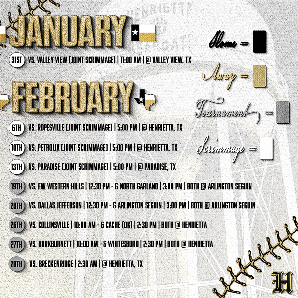 🔥 2026 HENRIETTA BEARCATS VARSITY BASEBALL 🔥 The road is set. The standard is the standard. From scrimmages to district battles, this spring is loaded with opportunities to compete, defend H-Town, and chase something special. Home crowds, long road trips, rivalry nights, senior night, and playoff-level preparation from Day 1. - Home games in BLACK - Road games in GOLD - Tournaments & scrimmages mixed in Bearcat Nation—lock in your calendars and pack the stands. Trust. Passion. Discipline. #267 #TPD