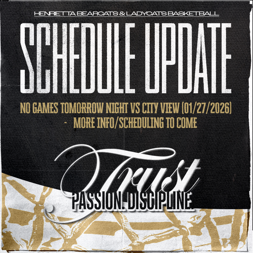 🚨 SCHEDULE UPDATE 🚨 Henrietta Bearcats & Ladycats Basketball There will be NO games tomorrow night vs City View (01/27/26). More information and scheduling details coming soon. #TPD