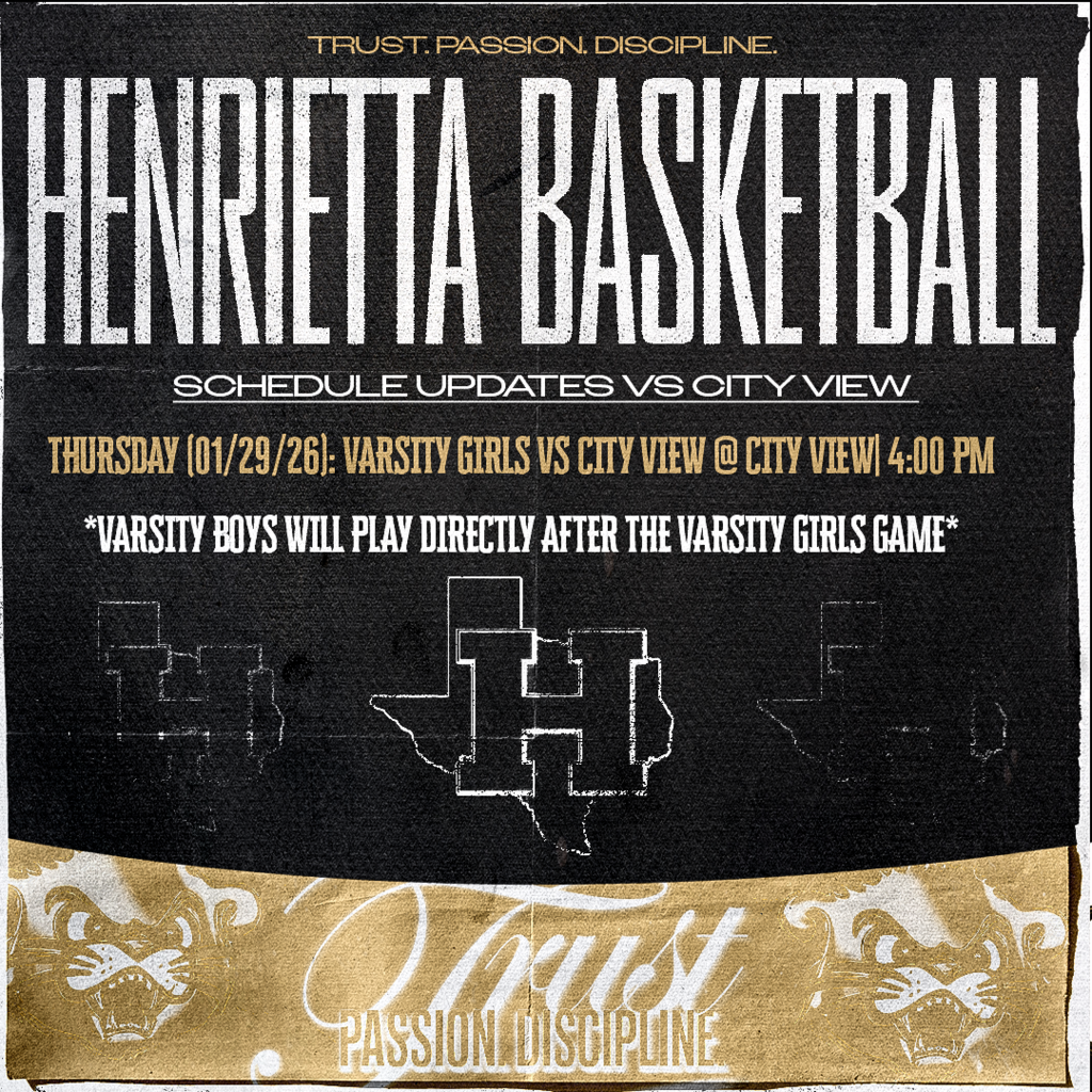 🏀 HENRIETTA BASKETBALL | GAME DAY UPDATE 🏀 - Thursday | 01/29/2026 | Location: City View HS Varsity Girls - Tip-Off: 4:00 PM Varsity Boys - Immediately following the girls game. Bearcat Nation, load up and travel safely us as we take on City View. Same standard. Same fight. Trust. Passion. Discipline.