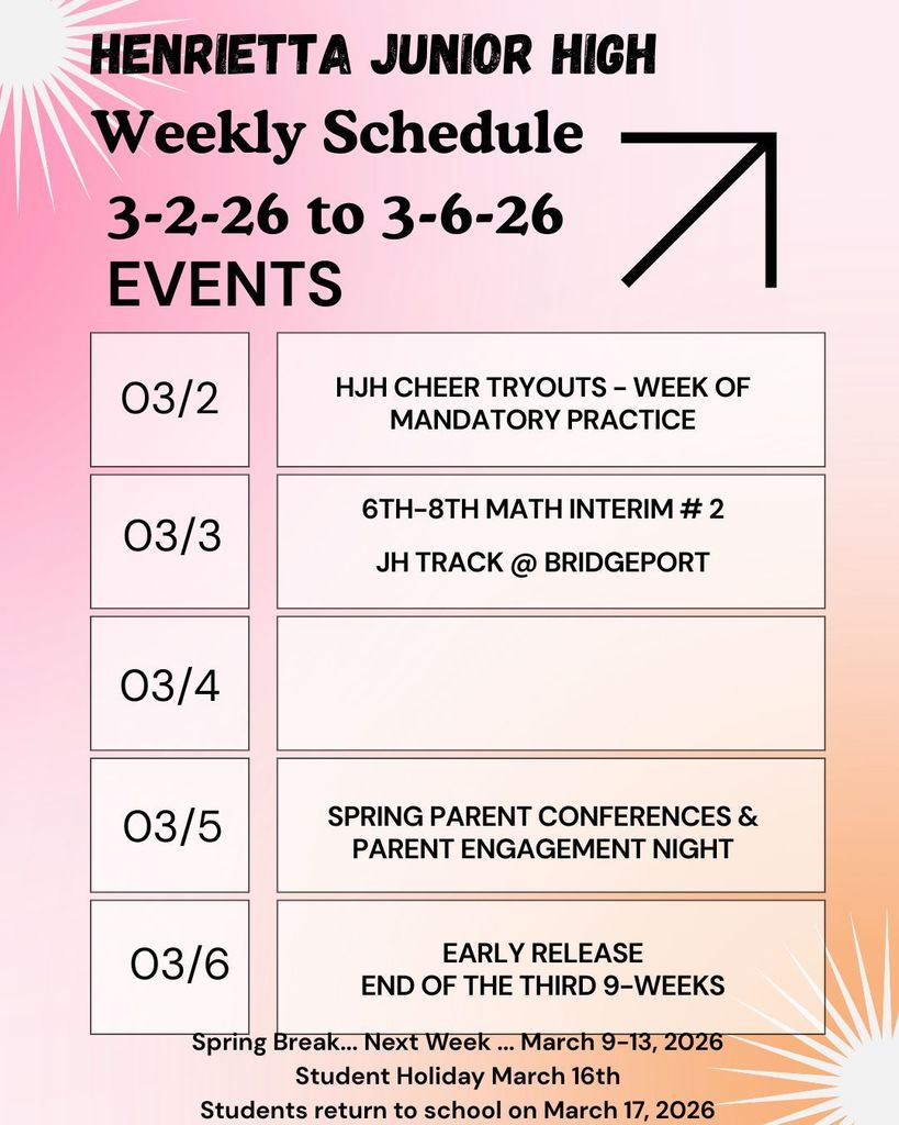 HJH Weekly Schedule for the week of 3/2/26 to 3/6/26. Please check back for any changes to the schedule.