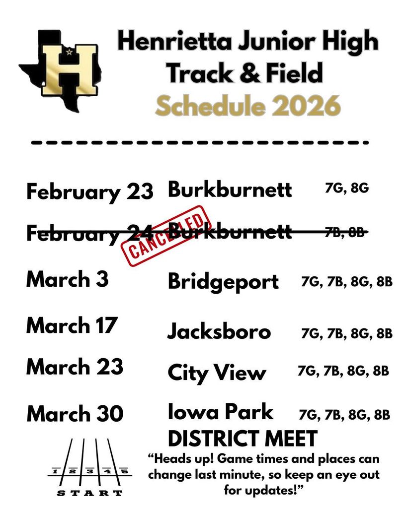 Revised Henrietta Junior High Track & Field Schedule 2026!