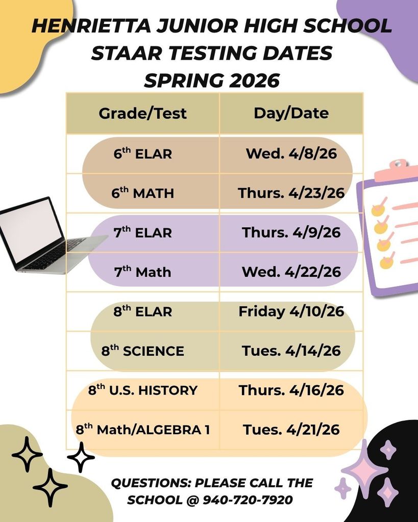 Henrietta Junior High STAAR Testing Dates - Spring 2026
