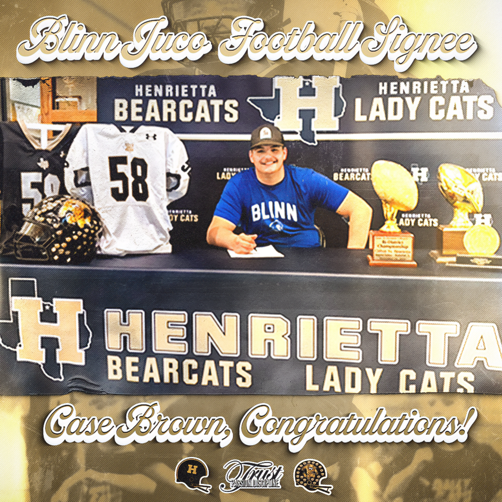 🔥 Signed | Henrietta Football | Case Brown 🔥  Case Brown is officially taking his talents to Blinn Juco to continue his football career.  Thank you, Case, for representing Henrietta ISD & Athletics the right way! We are so proud of you.   ⚡️ Trust. Passion. Discipline. ⚡️ #TPD