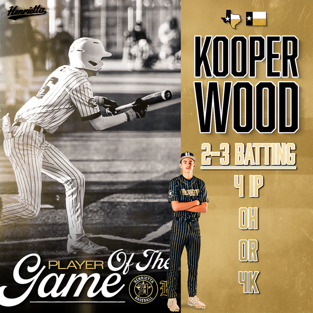 Henrietta Baseball |🔥 PLAYER OF THE GAME VS NORTH CROWLEY 🔥  - ⭐️ Kooper Wood ⭐️  Handled it on both sides.  2-3 at the plate. 4 innings. 0 runs. That’s how you show up.  #TPD #267