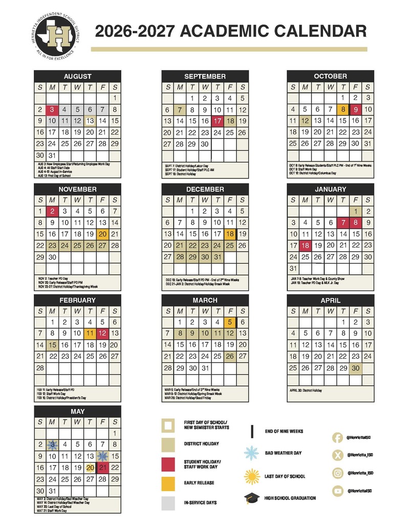 Academic calendar for 2026-2027 shows months in rows, with color-coded days for different events and holidays.