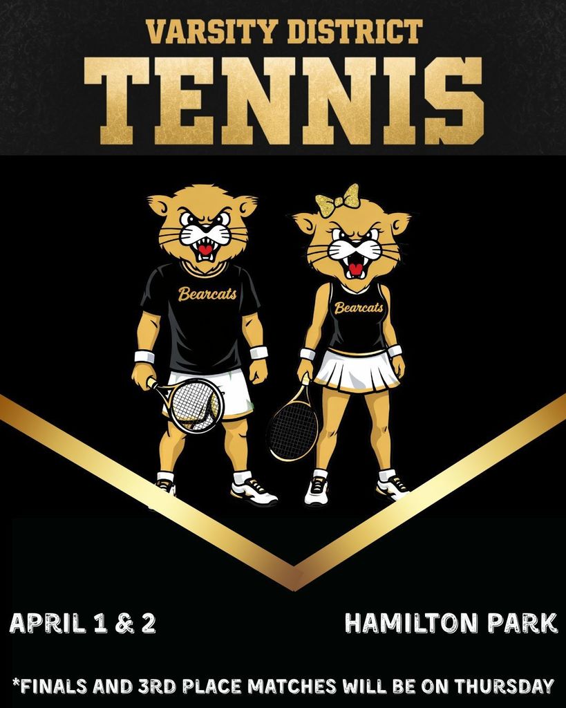 A black poster features two cartoon cats holding tennis rackets, with "Varsity District Tennis" and dates.