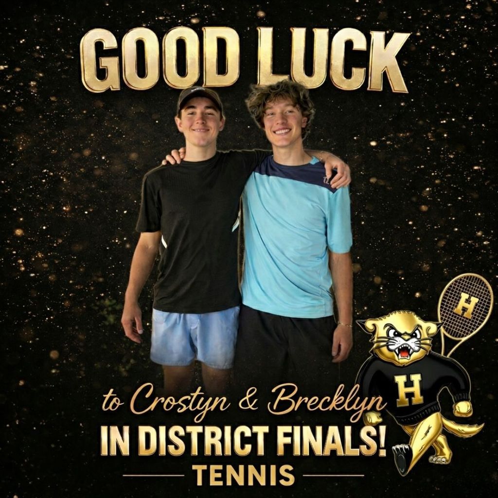 Two boys stand side by side with a school mascot and text reads "Good Luck to Crotsyn & Brecklyn in District Finals! Tennis".