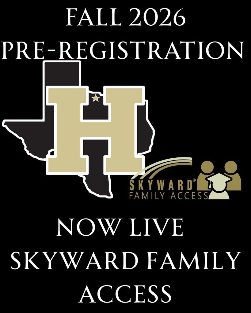 Black poster with a gold and white logo for Fall 2026 Pre-Registration, featuring "Skyward Family Access" in white text.