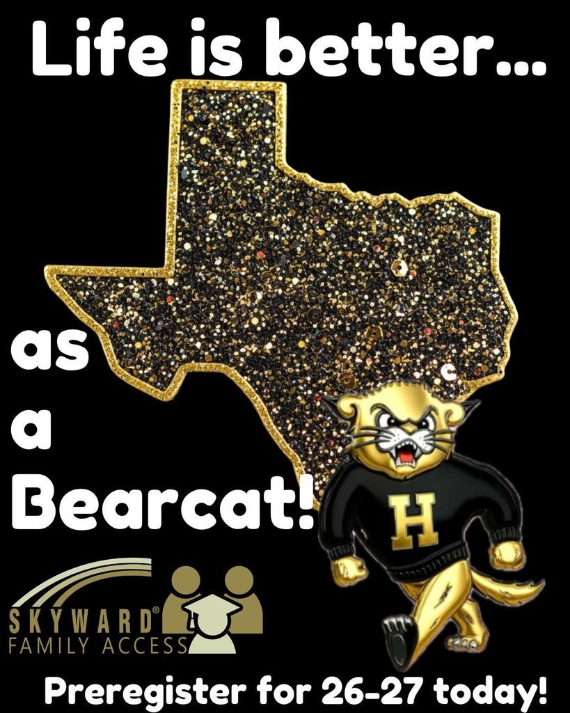 A poster with a golden Texas outline and a golden Bearcat logo, featuring a slogan and a call to preregister.