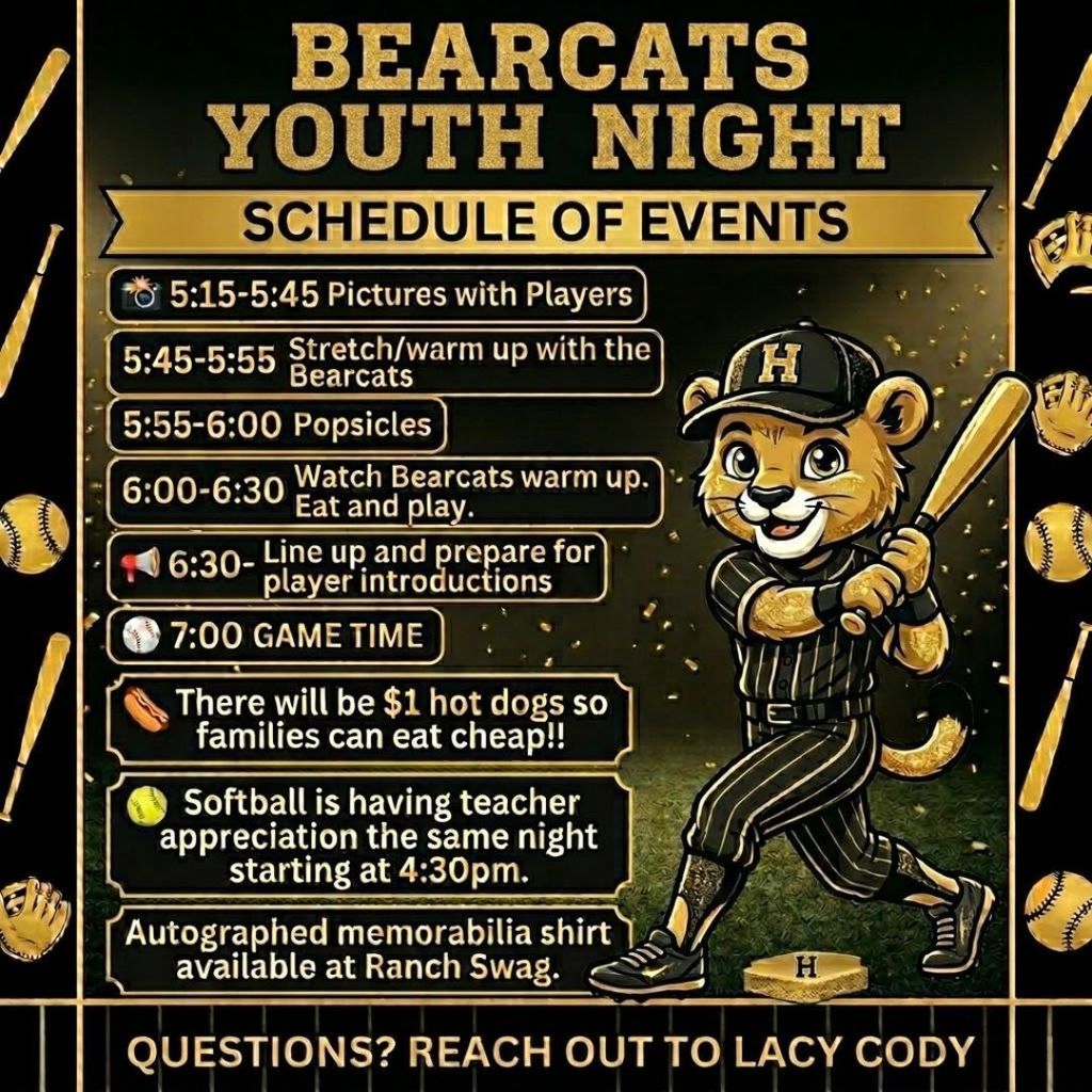 Black background with white text and graphics. Schedule for "Bearcats Youth Night" includes times and activities. Cartoon cat in a uniform holding a baseball bat.