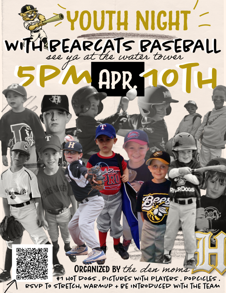 Event poster for Youth Night with Bearcats Baseball, featuring a collage of children in baseball uniforms. Date and time displayed prominently.