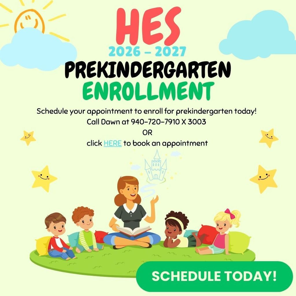 A colorful flyer for HE'S 2026-2027 prekindergarten enrollment features a teacher reading to children sitting on a green hill.