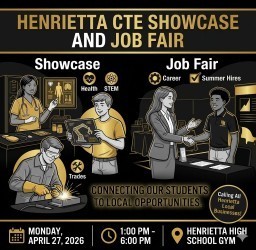 An event poster with black background. It features illustrations of students, a tradesperson, and an employer.