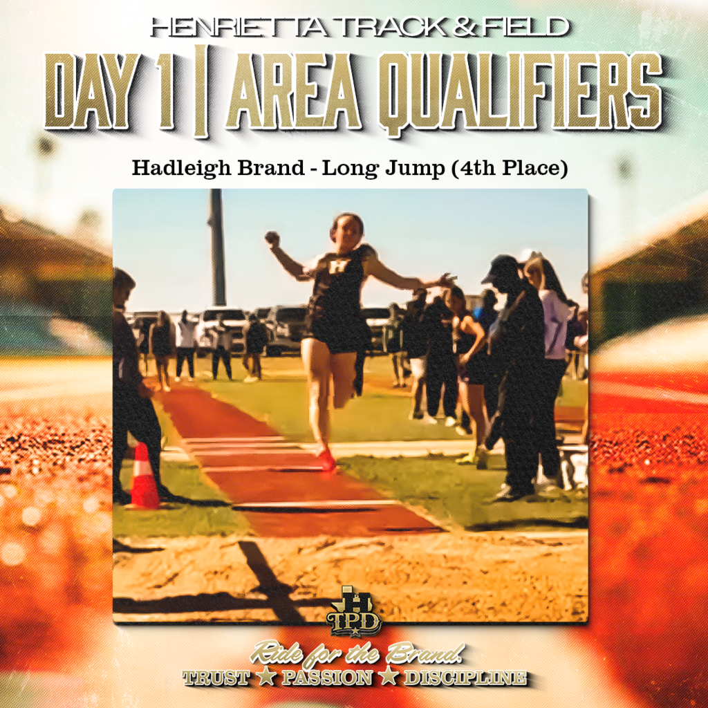 HENRIETTA TRACK & FIELD | AREA QUALIFIERS They showed up. They competed. They advanced. ➡️ Hadleigh Brand — Long Jump (4th) ➡️ Mya Garcia — Discus (3rd) ➡️ Kate Farnsworth — 3200 (3rd) Next stop: AREA. Keep stacking. 🔥 Trust. Passion. Discipline. #TPD