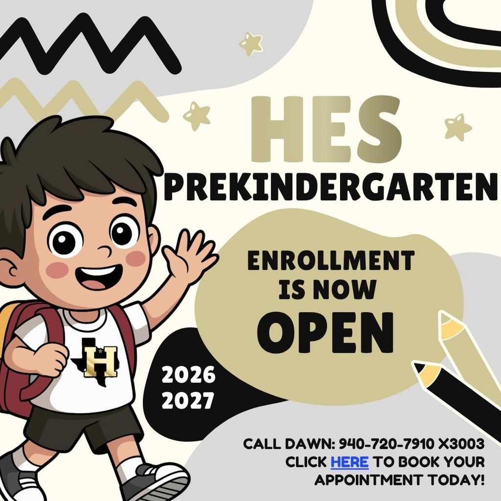 A smiling boy with a backpack, holding a pencil. Text reads "HES PREKINDERGARTEN ENROLLMENT IS NOW OPEN" with numbers 2026 and 2027.