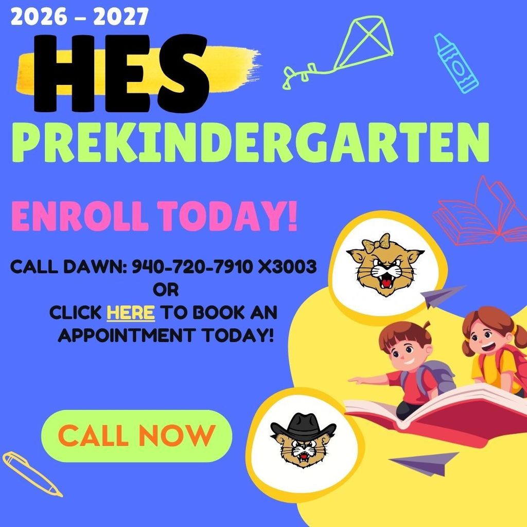 A flyer invites enrollment in HES Prekindergarten for 2026-2027. It shows children reading a book.