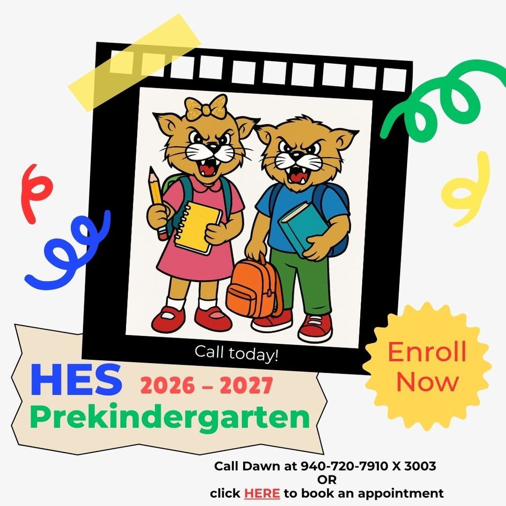 Cartoon cat characters wearing backpacks and carrying books with text "Call today!" and "Enroll Now" for HE'S Prekindergarten 2026-2027.