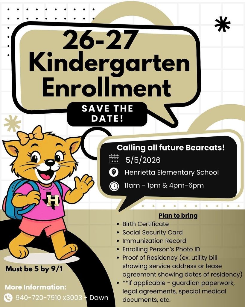 Poster with cartoon cat character, text "26-27 Kindergarten Enrollment SAVE THE DATE!" and details for enrollment dates and required documents.