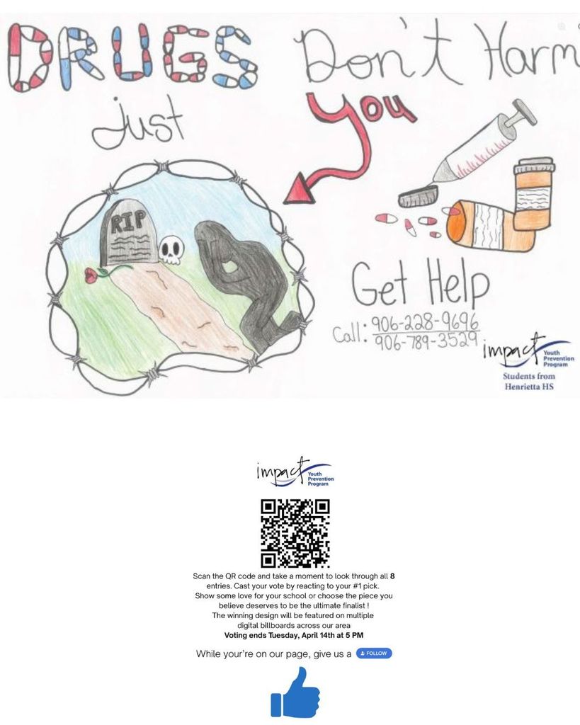 Poster with text, symbols, and drawings. "Drugs Just Harm You" is written in large red letters. Symbols of a syringe, cigarette, and pill bottle are present.