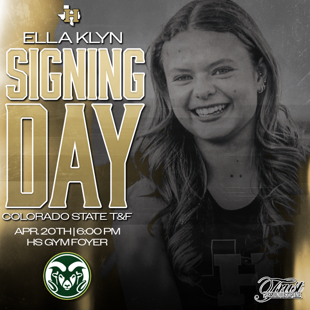 ✍️ HENRIETTA ATHLETICS | SIGNING DAY ✍️  It’s almost time.  Ella Klyn is set to take the next step and sign with Colorado State Track & Field. Come be part of the moment.  🐏 Colorado State T&F 📅 April 20 ⏰ 6:00 PM 📍 HS Gym Foyer  🔥 Trust. Passion. Discipline. #TPD