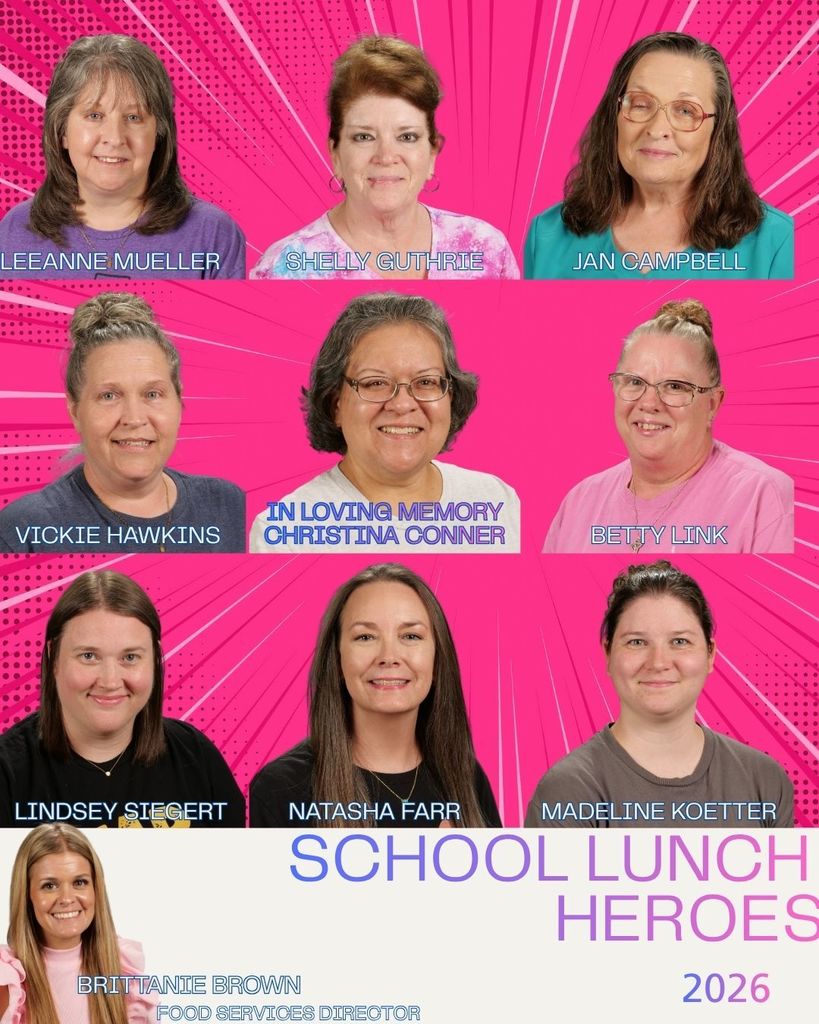 A collage of eight women's photos with names, set against a pink background. The text reads "SCHOOL LUNCH HEROES 2026" and includes a tribute to Christina Conner.
